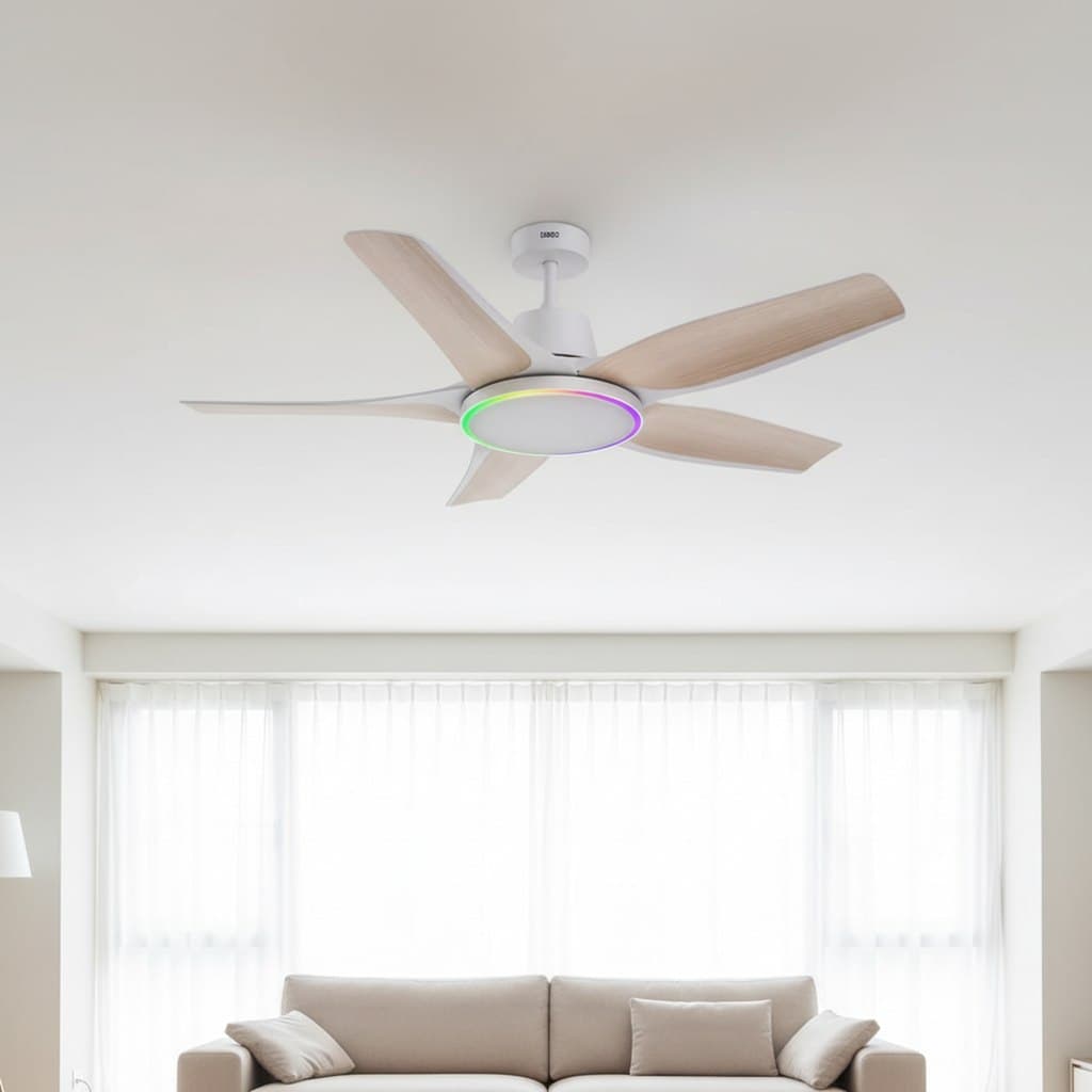 DREO Ceiling Fan Profil Bas RGB 132cm en situation dans une chambre